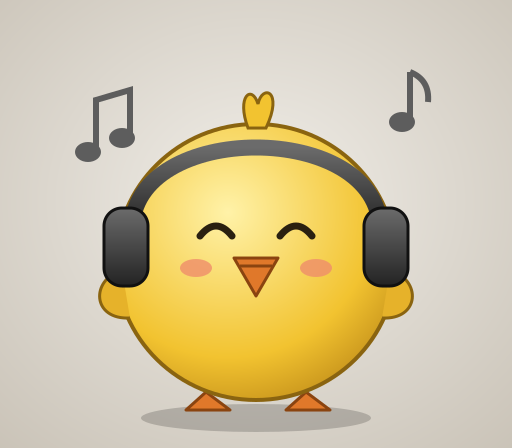 Dessin d'un poussin jaune rond, les yeux fermés, avec un casque audio et des notes de musique, sur un fond beige