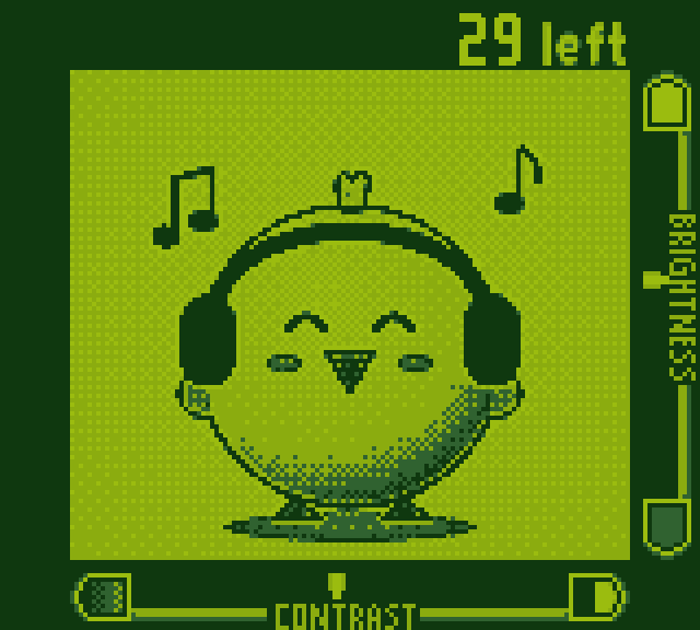 Le viseur de la Game Boy Camera dans gbe : le poussin tramé en quatre teintes vertes, avec 29 photos restantes et les réglages de luminosité et de contraste
