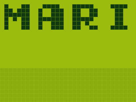Détail de Super Mario Land avec le filtre LCD : les lettres MARI en points sombres sur fond vert, la grille visible sur la bande grise