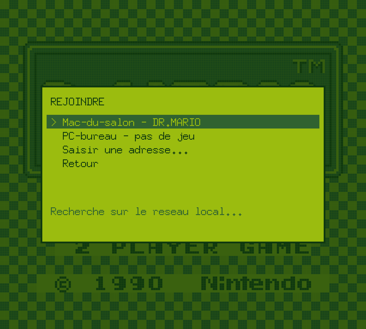 Page Rejoindre du câble link de gbe, au-dessus de l'écran titre de Dr. Mario : deux gbe trouvés sur le réseau local, Mac-du-salon qui héberge Dr. Mario et PC-bureau sans jeu, puis l'entrée Saisir une adresse