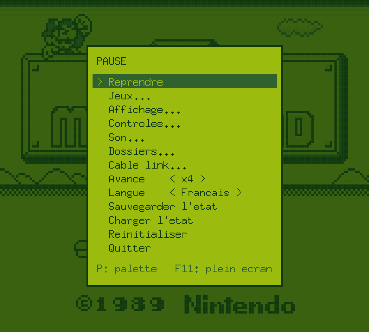 Menu de pause de gbe au-dessus de l'écran titre de Super Mario Land, aux couleurs de la palette DMG verte