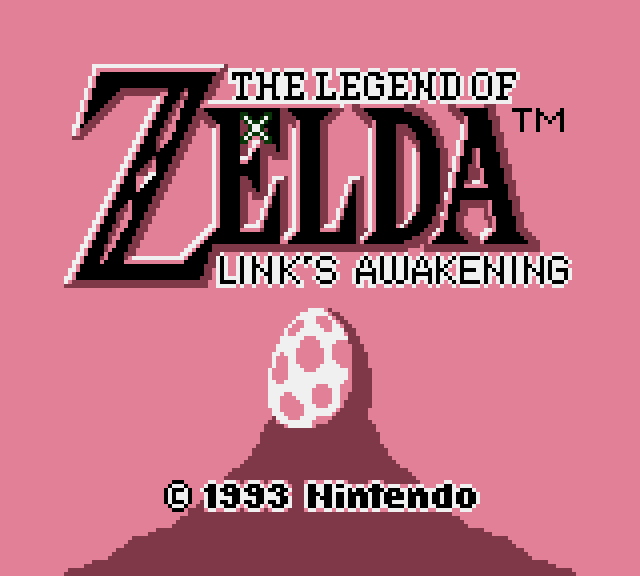 Écran titre de Zelda: Link's Awakening colorisé en rose et rouge