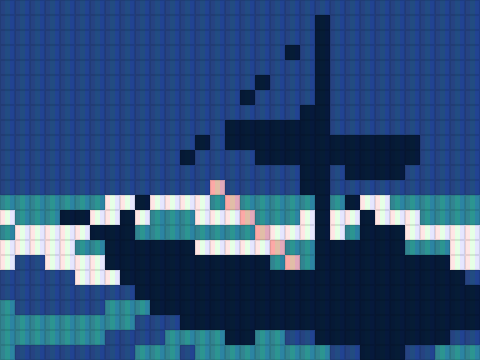 Détail de l'écran titre de Zelda: Link's Awakening DX avec le filtre LCD : un bateau sur les vagues, chaque pixel séparé par une fine grille