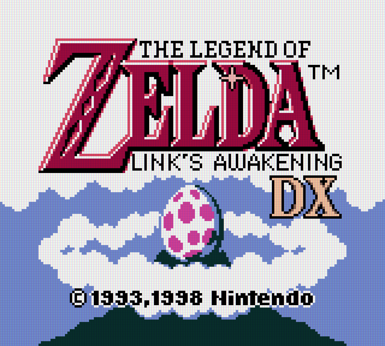 Écran titre de Zelda: Link's Awakening DX en couleurs dans gbe, avec la grille du filtre LCD