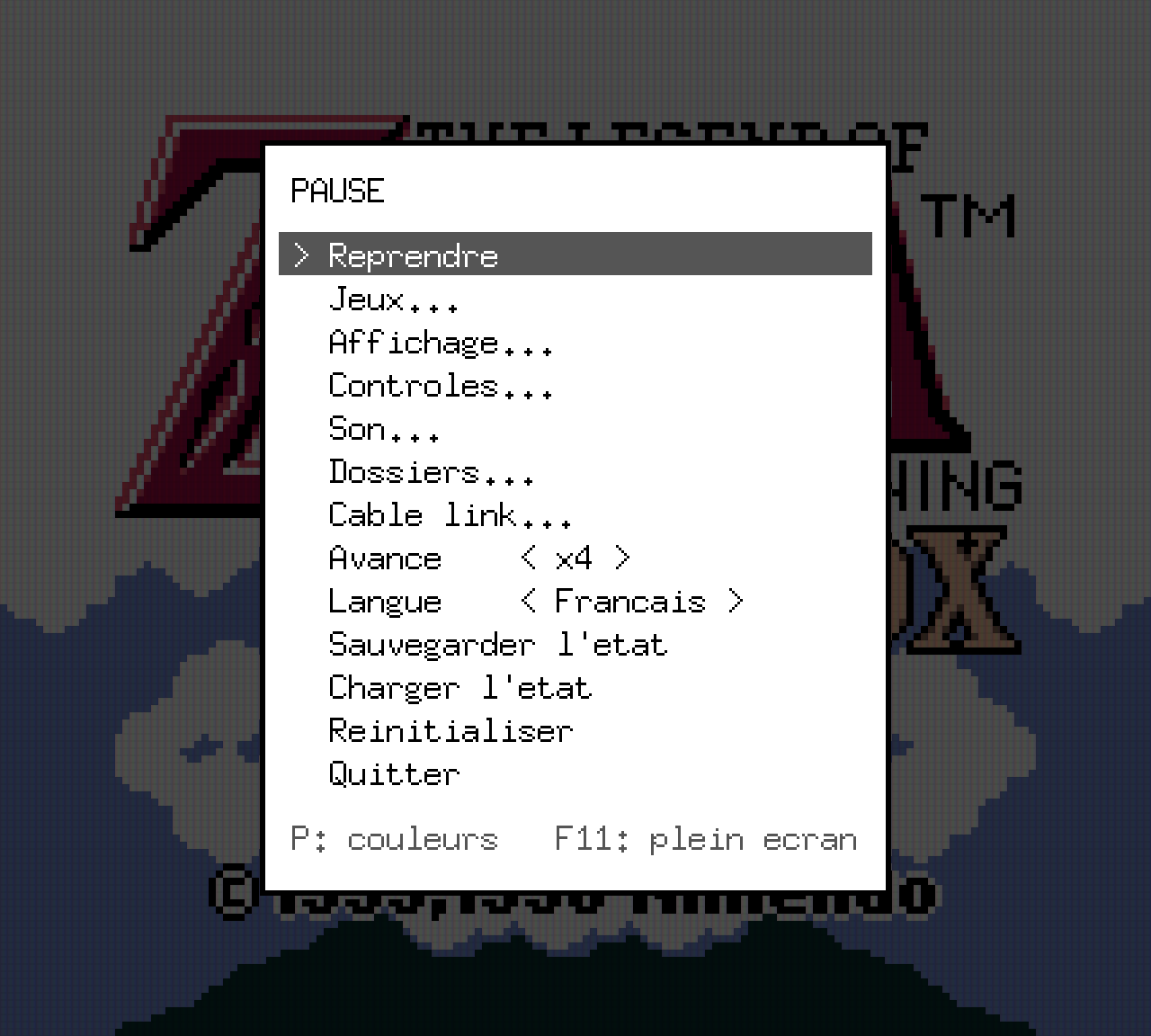 Menu de pause de gbe en noir et blanc au-dessus de l'écran titre de Zelda: Link's Awakening DX